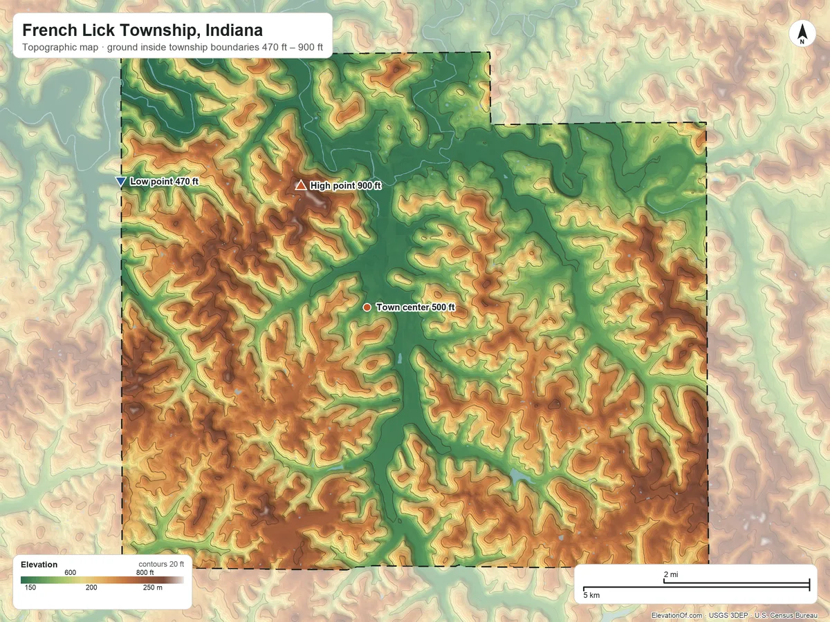 Topographic elevation map of French Lick Township, Indiana, shaded from 470 ft on the northwest side to 900 ft on Mount Airie