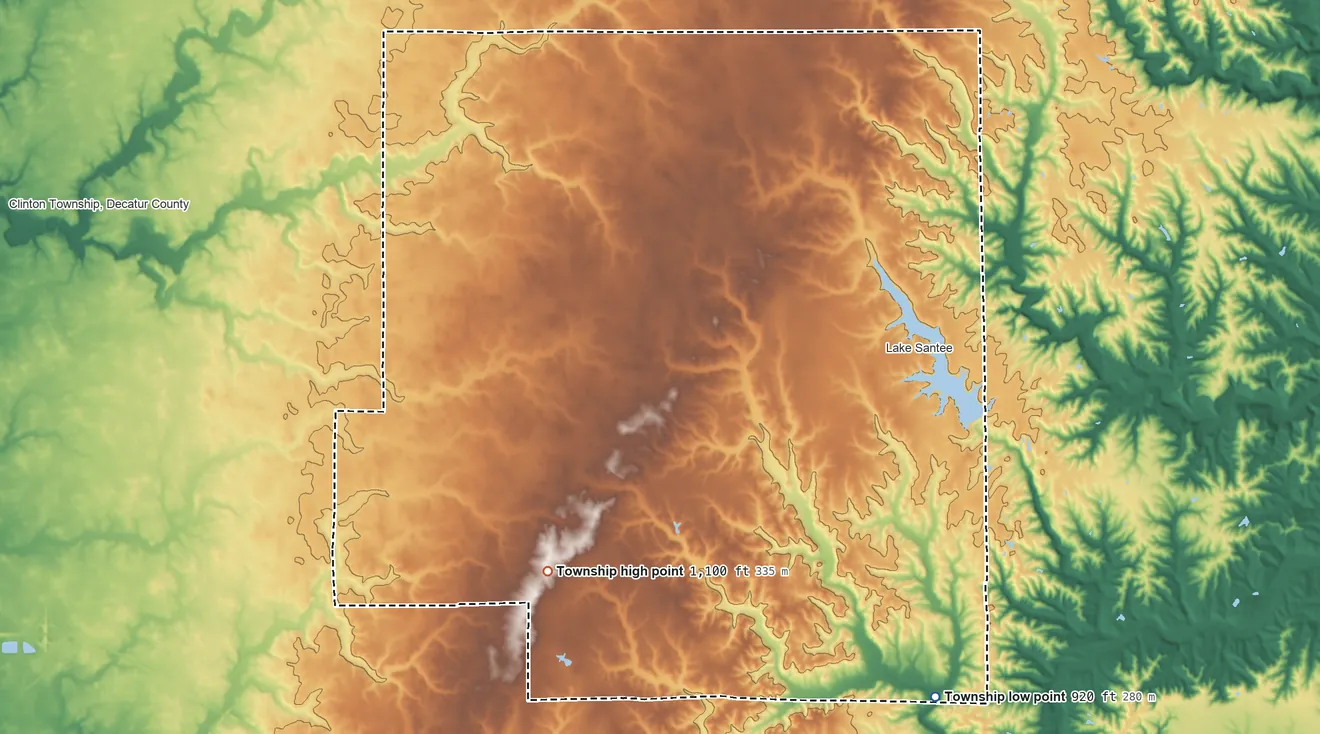 Topographic elevation map of Fugit Township, Indiana, shaded from 920 ft on the south side to 1,100 ft on the southwest side