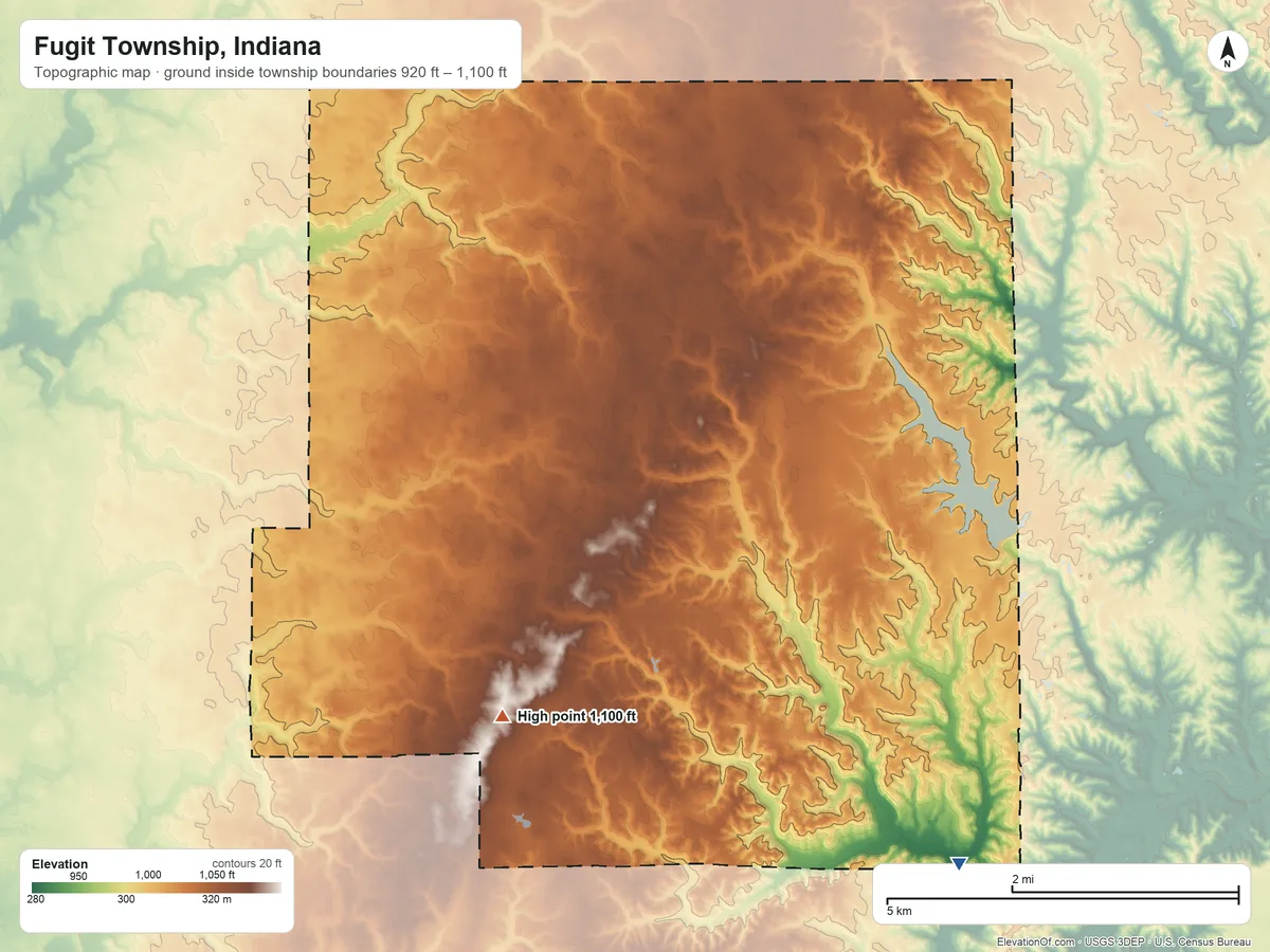 Topographic elevation map of Fugit Township, Indiana, shaded from 920 ft on the south side to 1,100 ft on the southwest side