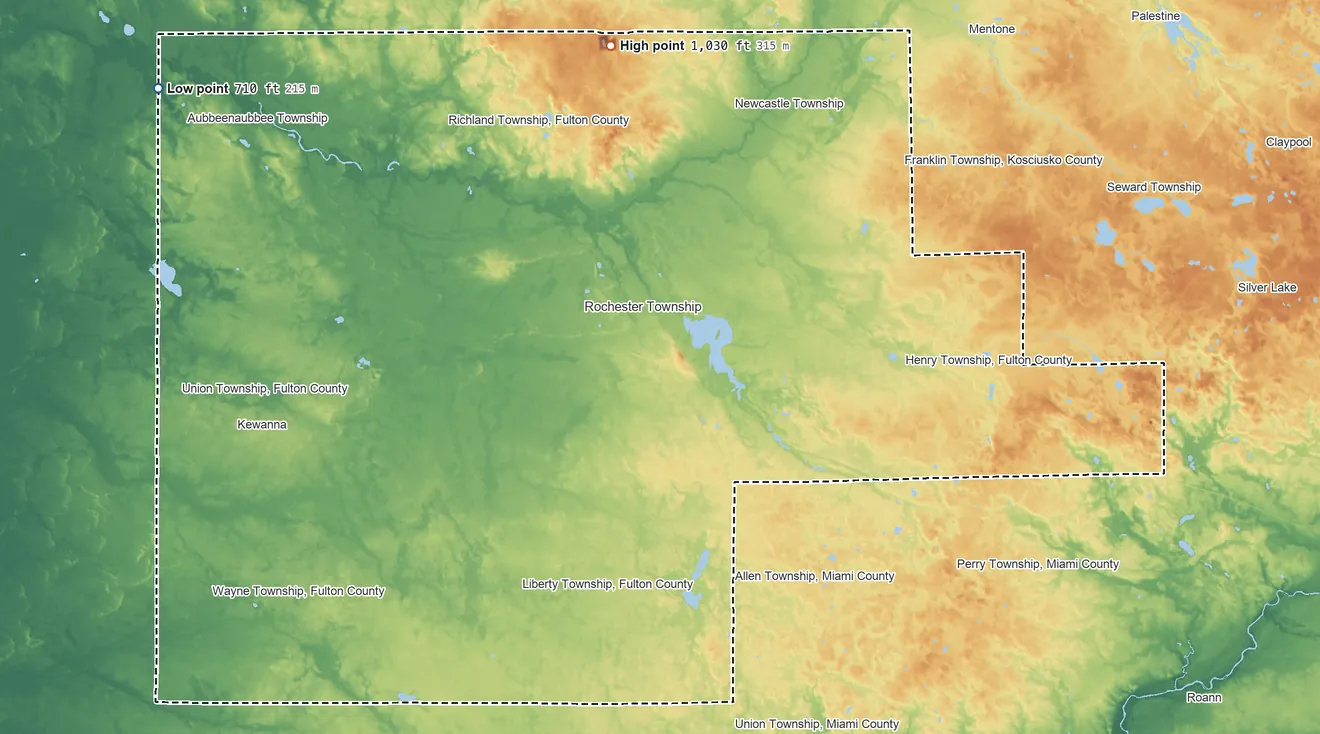 Topographic elevation map of Fulton County, Indiana, shaded from 710 ft on the northwest side to 1,030 ft on the north side