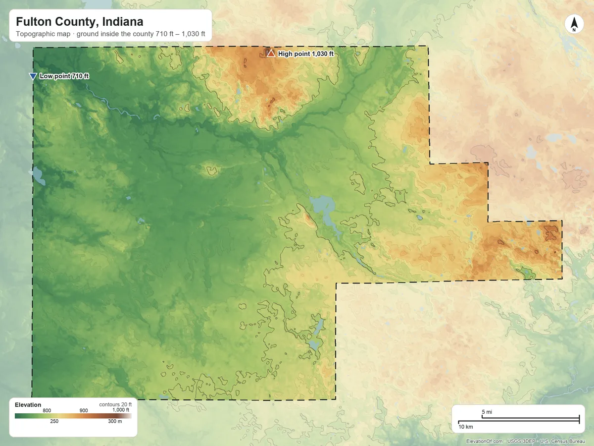 Topographic elevation map of Fulton County, Indiana, shaded from 710 ft on the northwest side to 1,030 ft on the north side