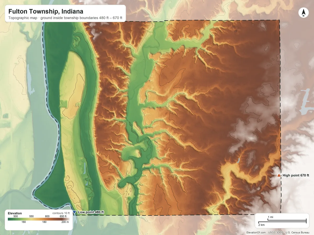 Topographic elevation map of Fulton Township, Indiana, shaded from 480 ft on the southwest side to 670 ft on the southeast side
