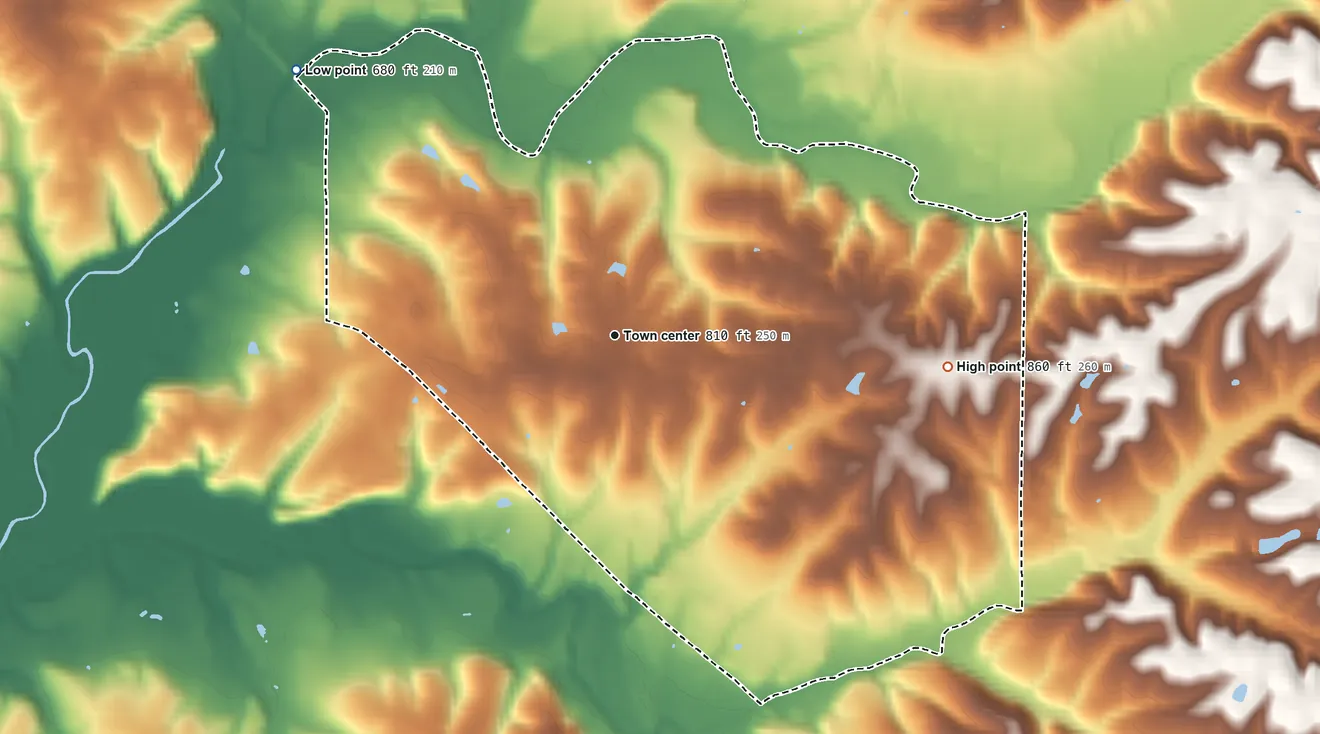 Topographic elevation map of Galena, Indiana, shaded from 680 ft on the northwest side to 860 ft on the east side