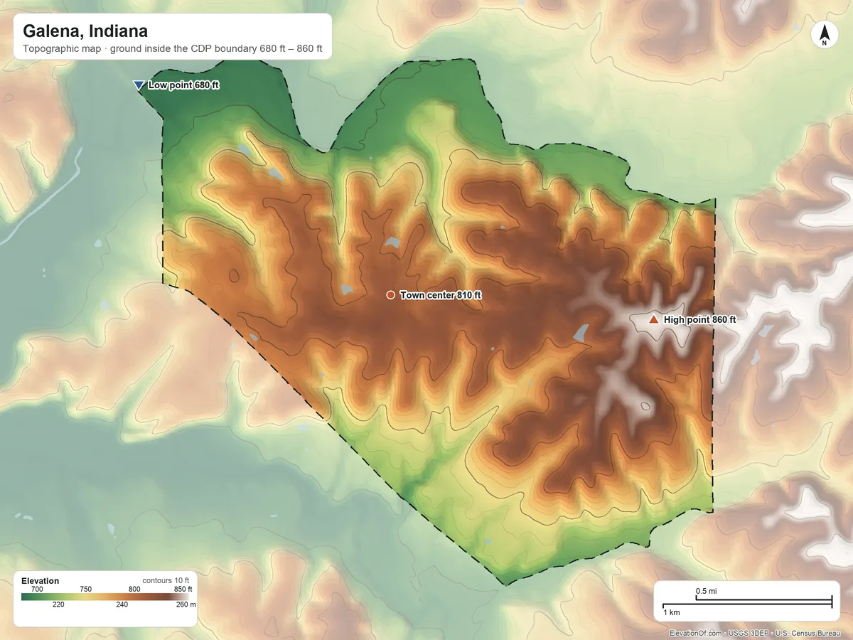 Topographic elevation map of Galena, Indiana, shaded from 680 ft on the northwest side to 860 ft on the east side