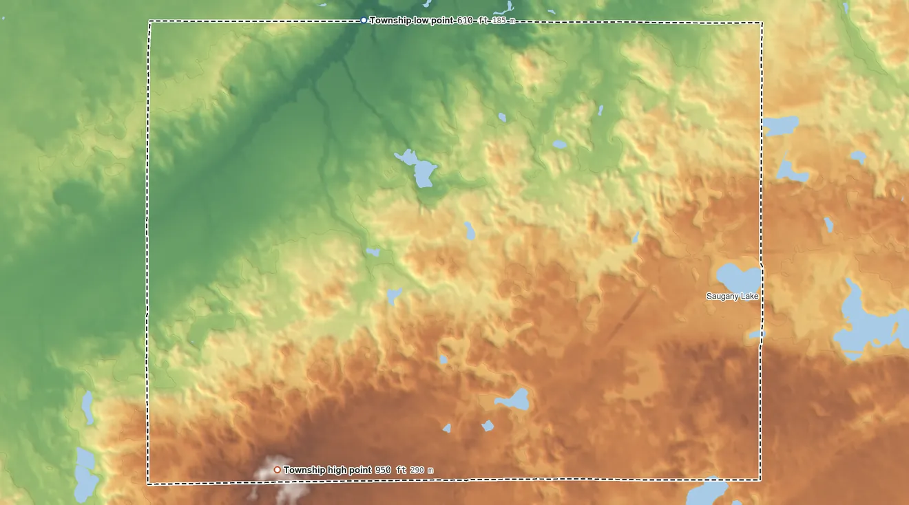 Topographic elevation map of Galena Township, Indiana, shaded from 610 ft on the north side to 950 ft on the southwest side