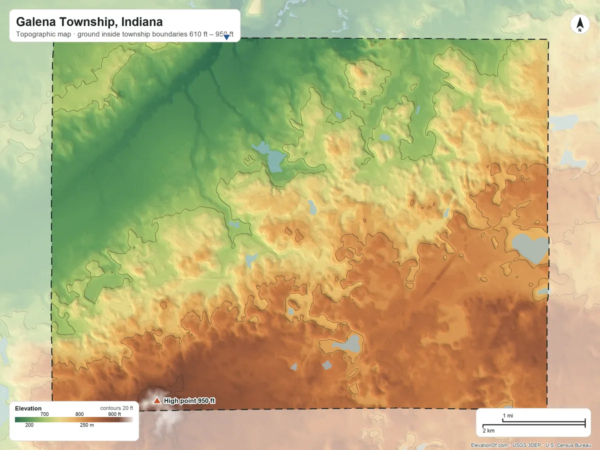 Topographic elevation map of Galena Township, Indiana, shaded from 610 ft on the north side to 950 ft on the southwest side