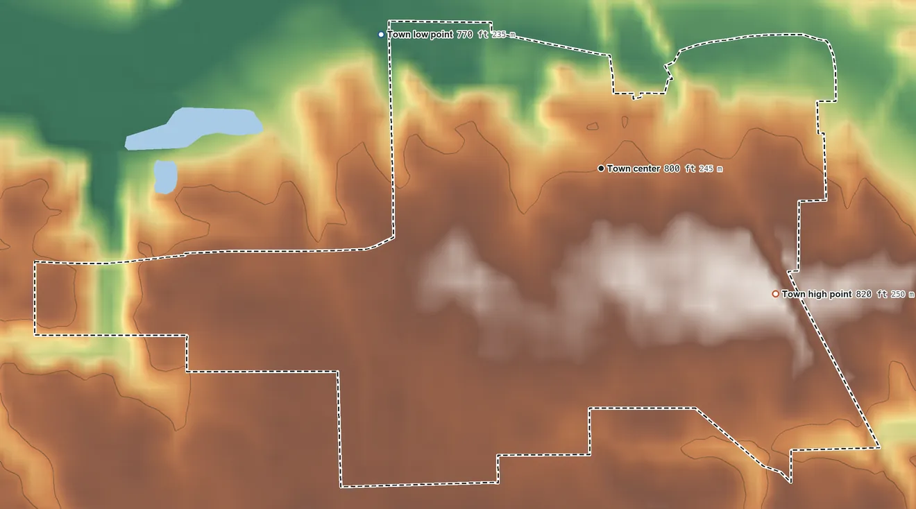 Topographic elevation map of Galveston, Indiana, shaded from 770 ft on the northwest side to 820 ft on the southeast side