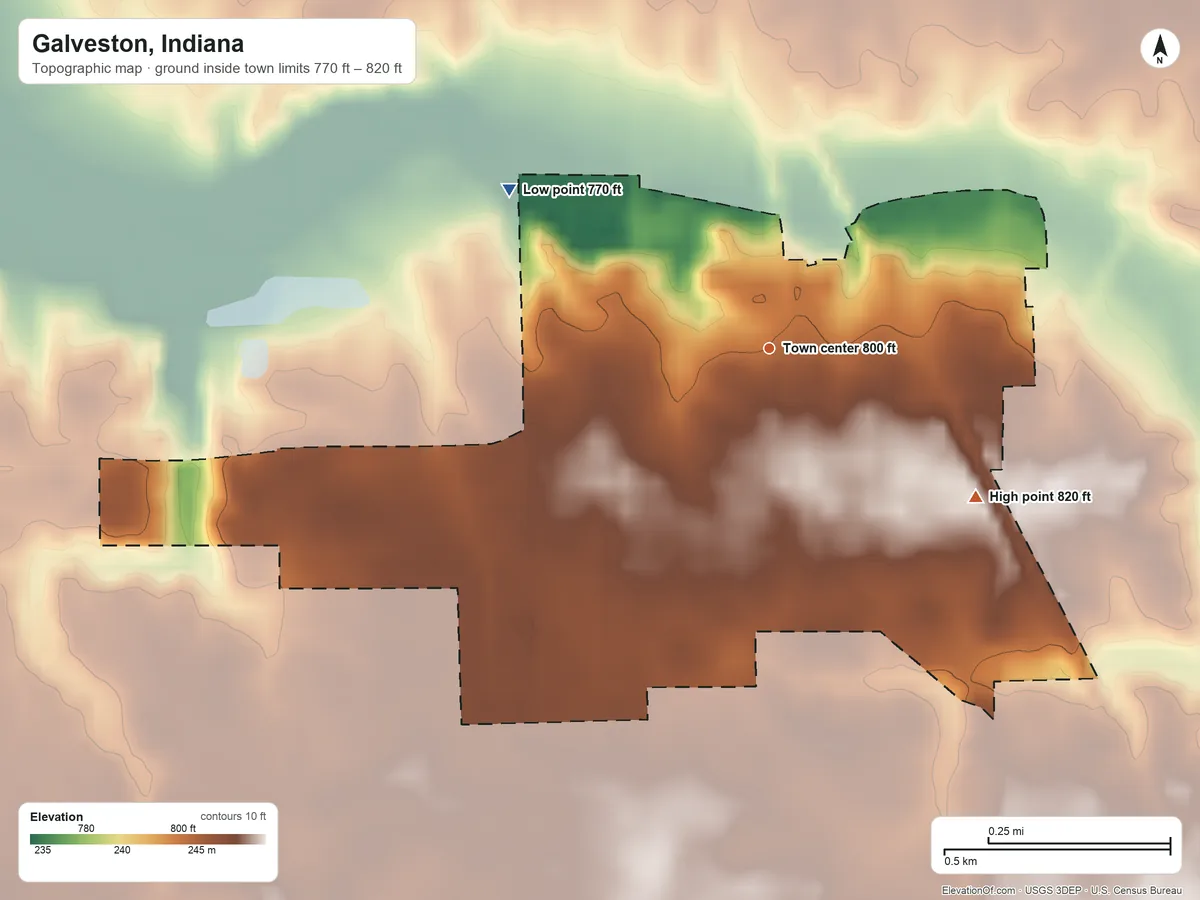 Topographic elevation map of Galveston, Indiana, shaded from 770 ft on the northwest side to 820 ft on the southeast side