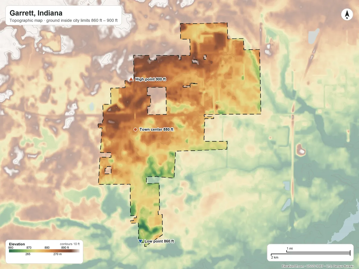 Topographic elevation map of Garrett, Indiana, shaded from 860 ft on the south side to 900 ft on the north side
