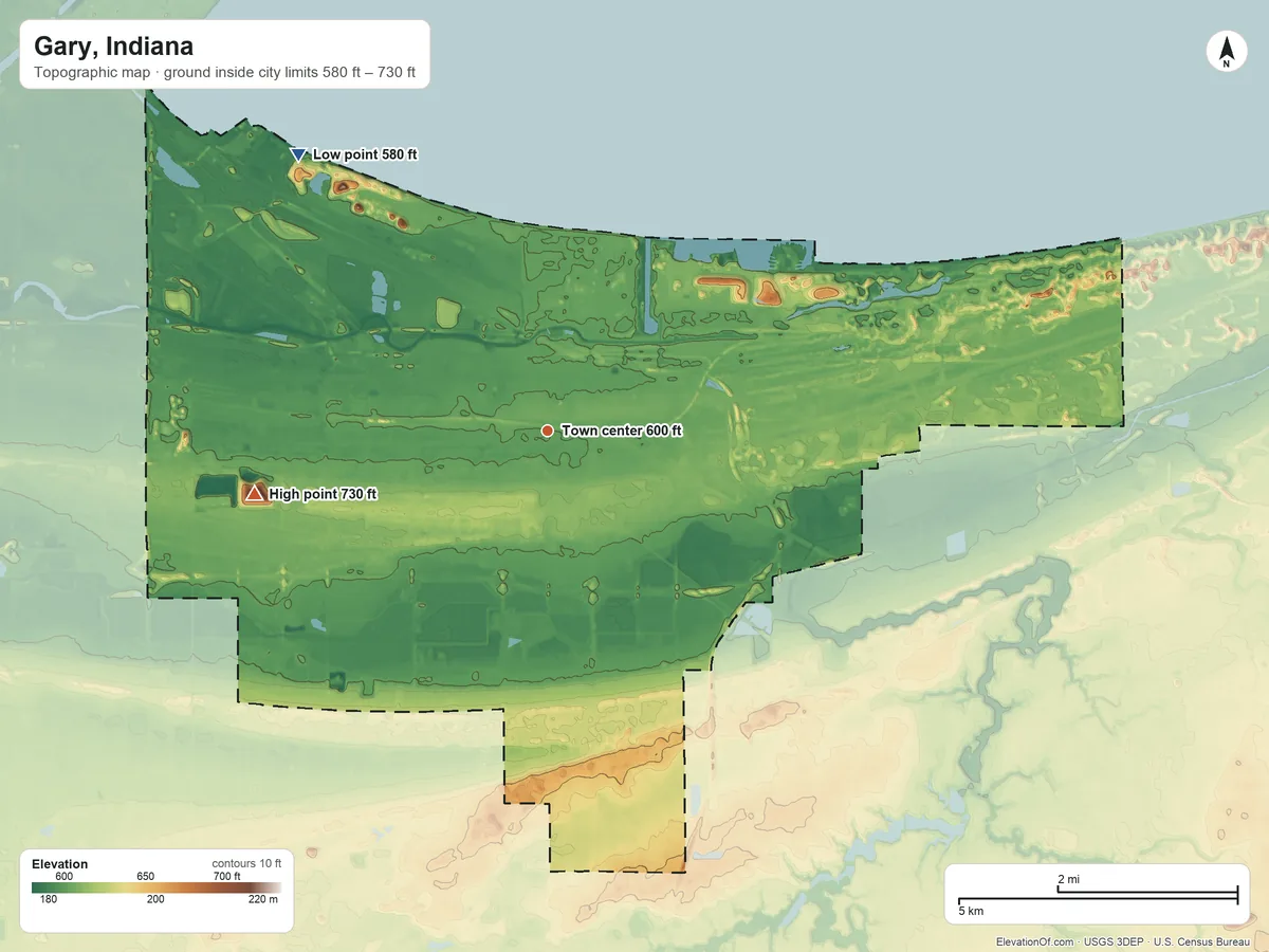 Topographic elevation map of Gary, Indiana, shaded from 580 ft on the northwest side to 730 ft on the west side