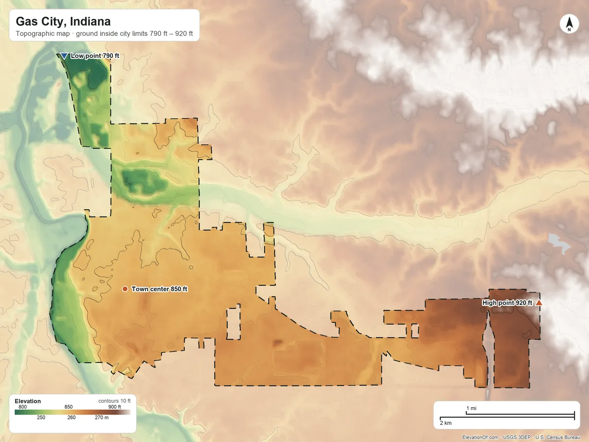 Topographic elevation map of Gas City, Indiana, shaded from 790 ft on the north side to 920 ft on the east side