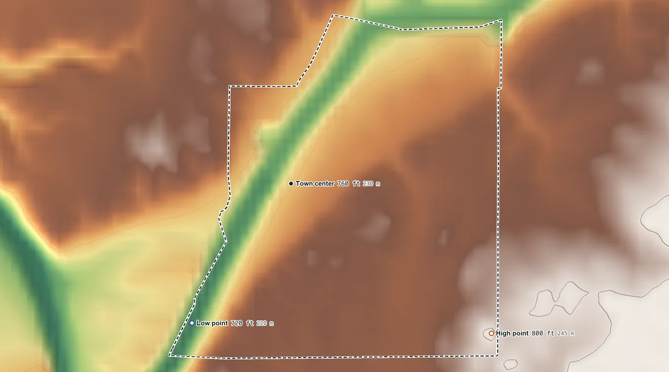 Topographic elevation map of Geneva, Shelby County, Indiana, shaded from 720 ft on the southwest side to 800 ft on the southeast side