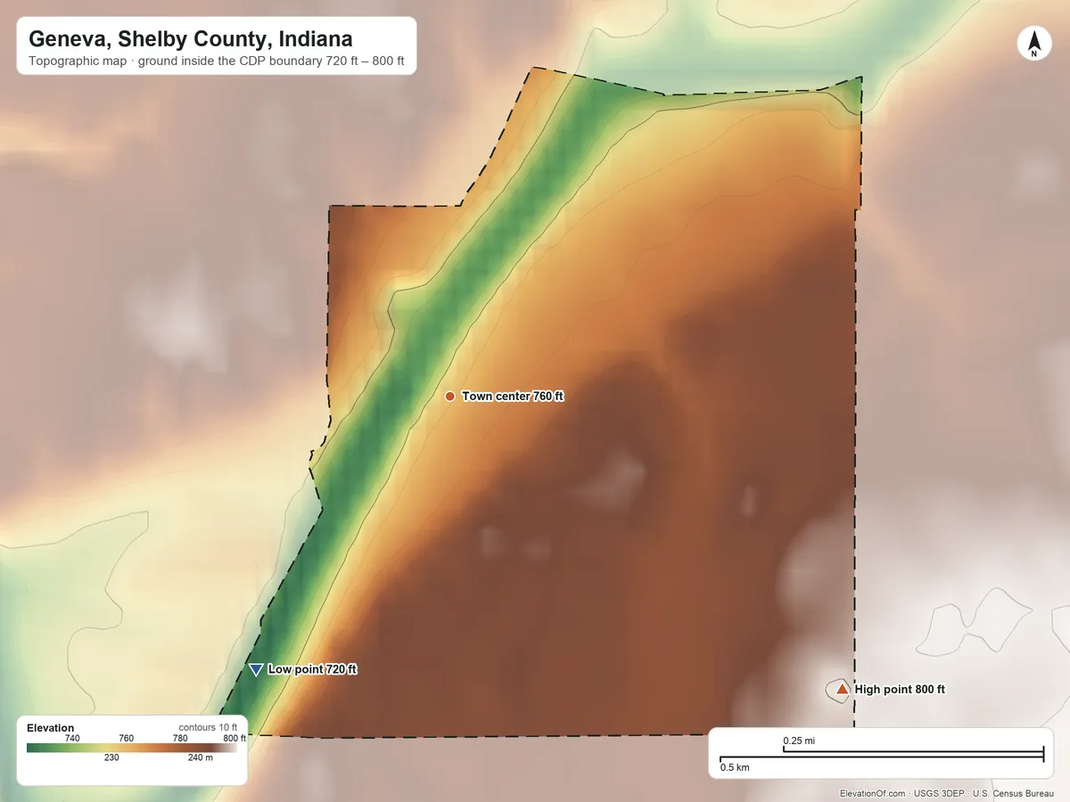 Topographic elevation map of Geneva, Shelby County, Indiana, shaded from 720 ft on the southwest side to 800 ft on the southeast side
