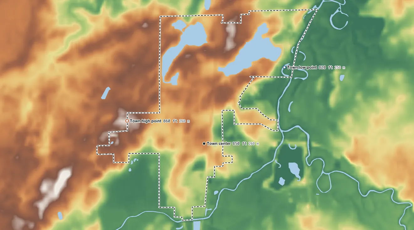 Topographic elevation map of Geneva, Indiana, shaded from 820 ft on the northeast side to 860 ft on the west side