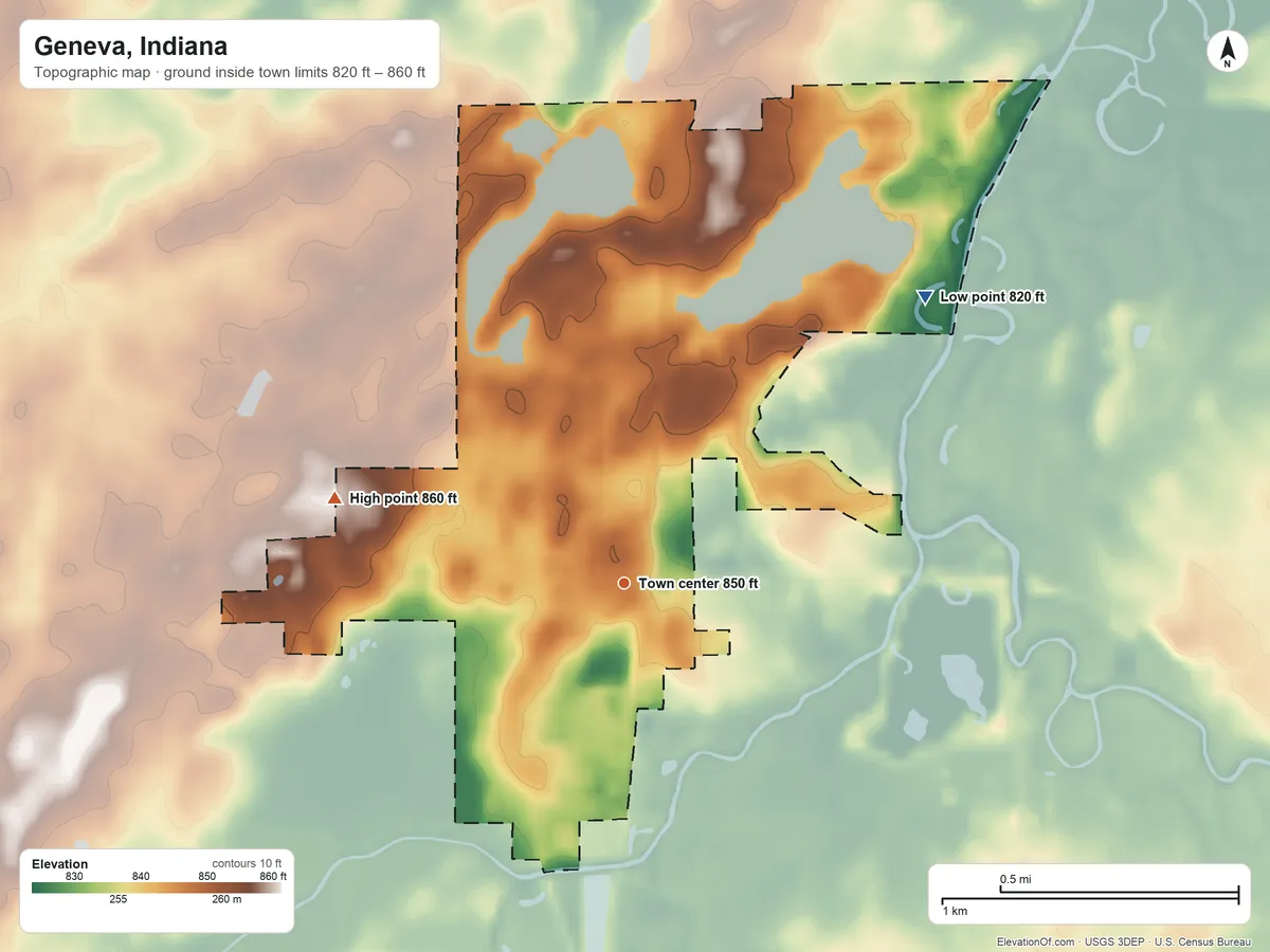 Topographic elevation map of Geneva, Indiana, shaded from 820 ft on the northeast side to 860 ft on the west side