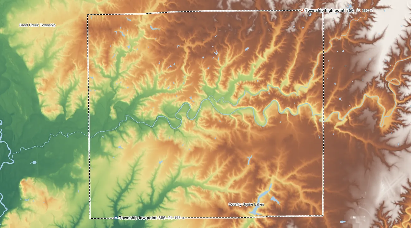 Topographic elevation map of Geneva Township, Indiana, shaded from 580 ft on the southwest side to 760 ft on the northeast side
