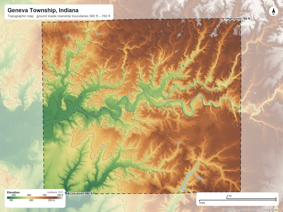 Topographic elevation map of Geneva Township, Indiana, shaded from 580 ft on the southwest side to 760 ft on the northeast side