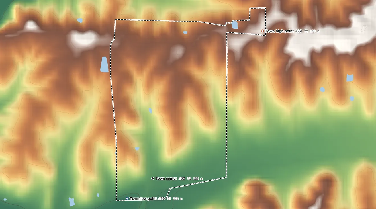 Topographic elevation map of Gentryville, Indiana, shaded from 400 ft on the southwest side to 490 ft on the northeast side