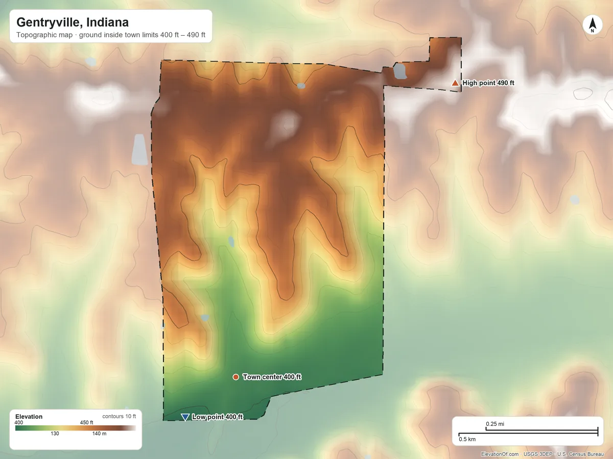 Topographic elevation map of Gentryville, Indiana, shaded from 400 ft on the southwest side to 490 ft on the northeast side