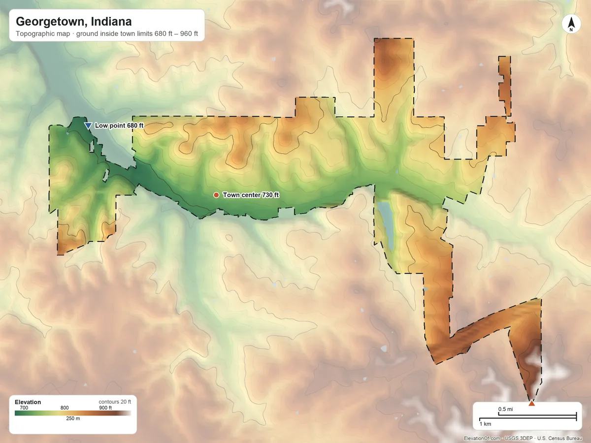 Topographic elevation map of Georgetown, Indiana, shaded from 680 ft on the northwest side to 960 ft on the southeast side