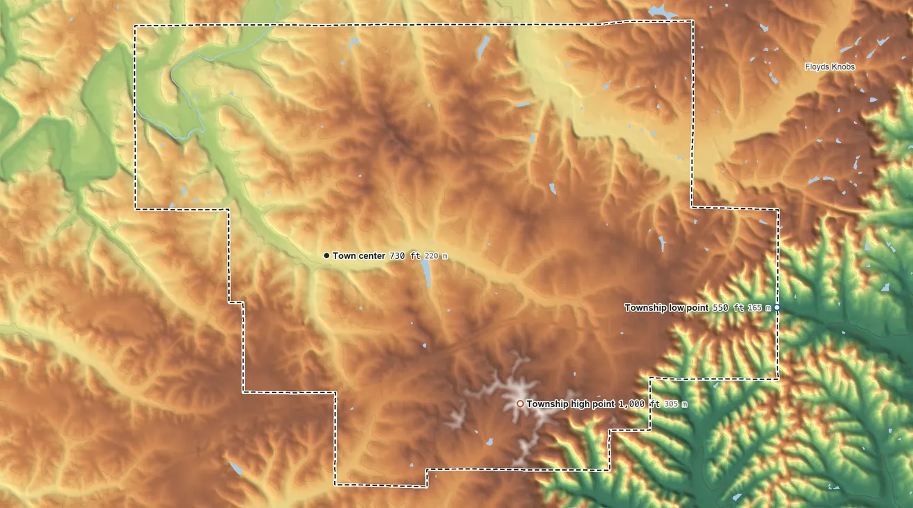 Topographic elevation map of Georgetown Township, Indiana, shaded from 550 ft on the east side to 1,000 ft on the southeast side
