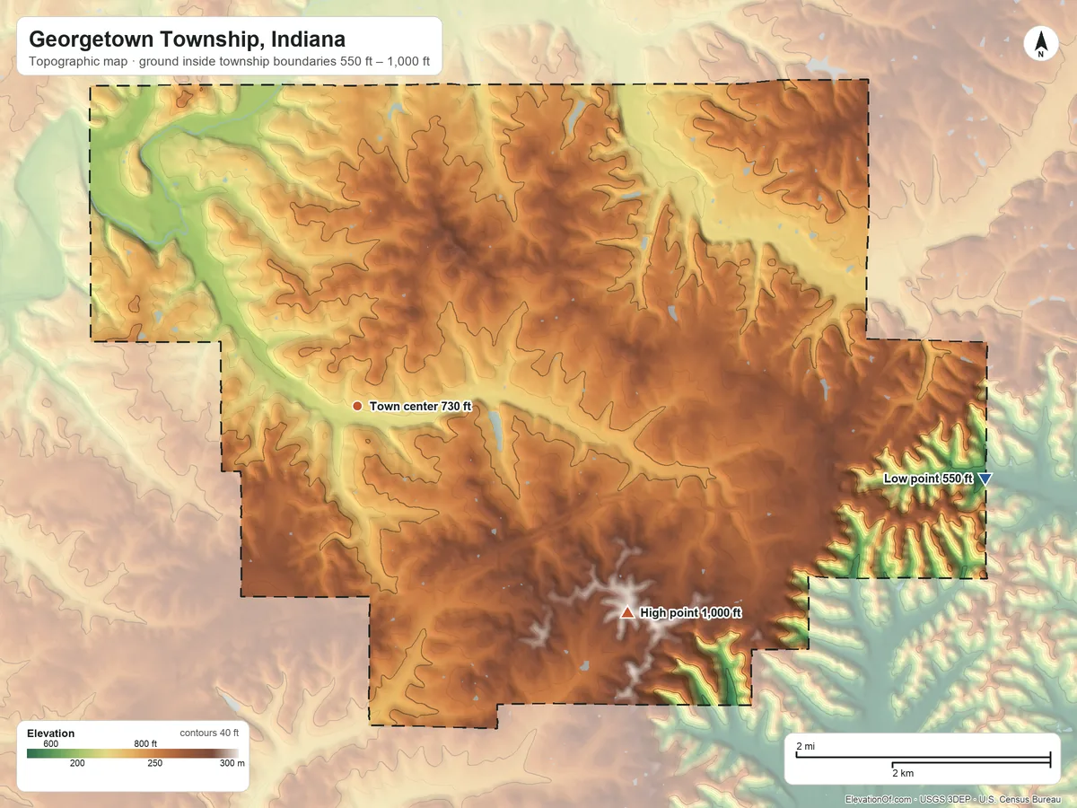 Topographic elevation map of Georgetown Township, Indiana, shaded from 550 ft on the east side to 1,000 ft on the southeast side