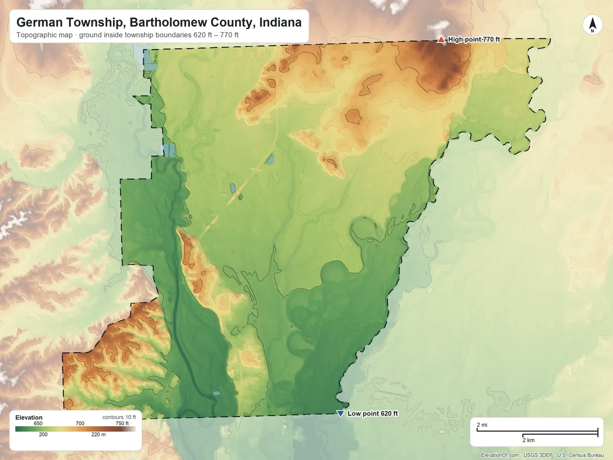 Topographic elevation map of German Township, Bartholomew County, Indiana, shaded from 620 ft on the southeast side to 770 ft on the northeast side