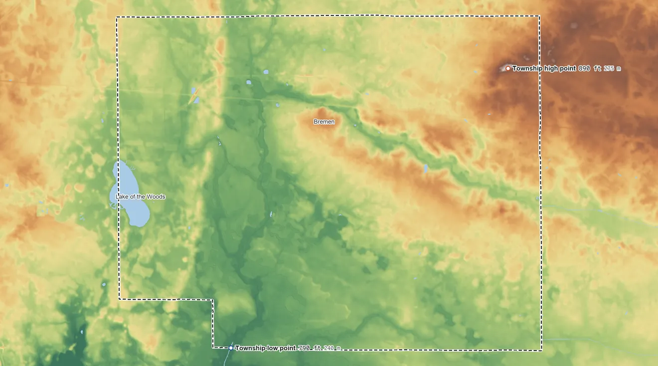 Topographic elevation map of German Township, Marshall County, Indiana, shaded from 790 ft on the southwest side to 890 ft on the east side