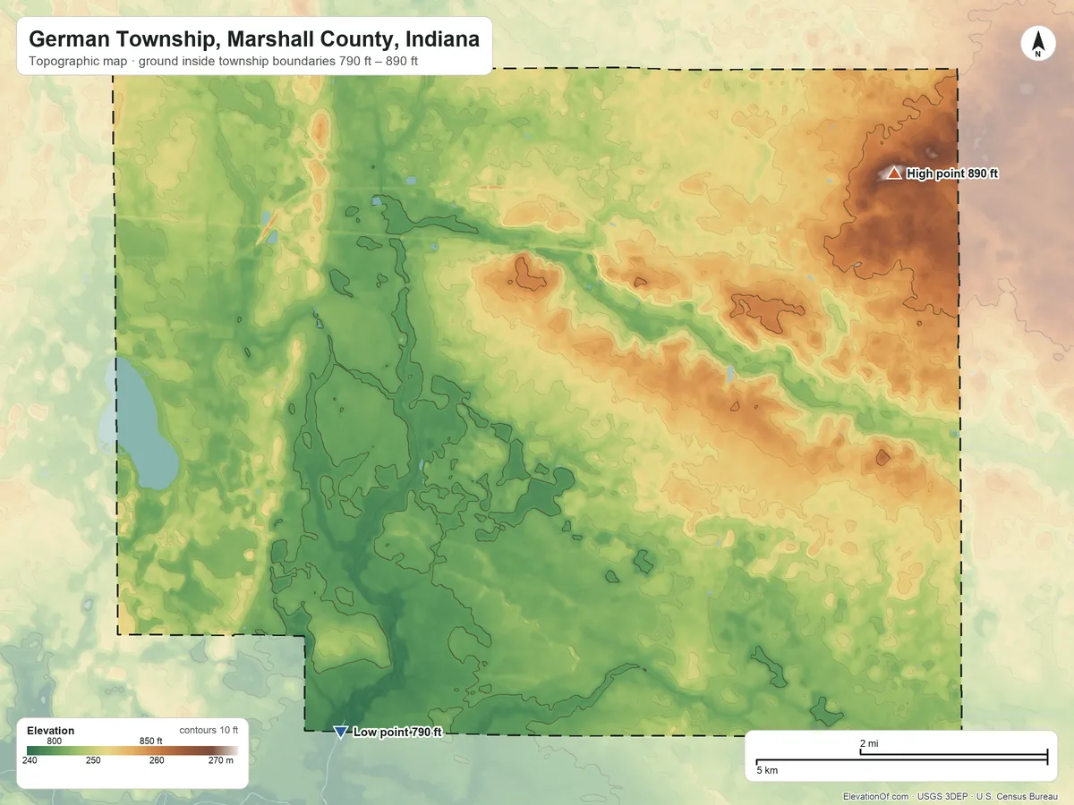 Topographic elevation map of German Township, Marshall County, Indiana, shaded from 790 ft on the southwest side to 890 ft on the east side