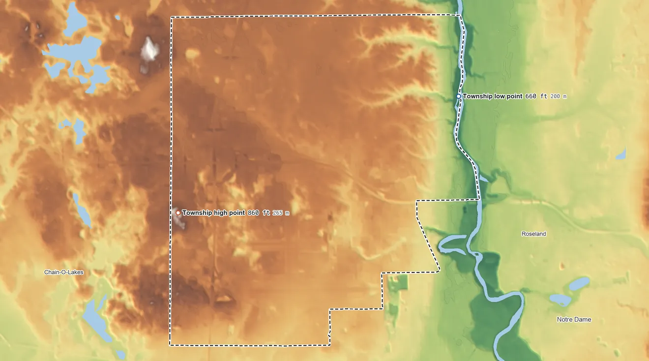 Topographic elevation map of German Township, Indiana, shaded from 660 ft on the northeast side to 860 ft on the west side