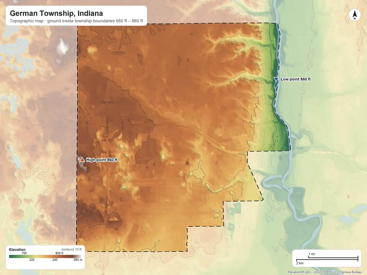 Topographic elevation map of German Township, Indiana, shaded from 660 ft on the northeast side to 860 ft on the west side