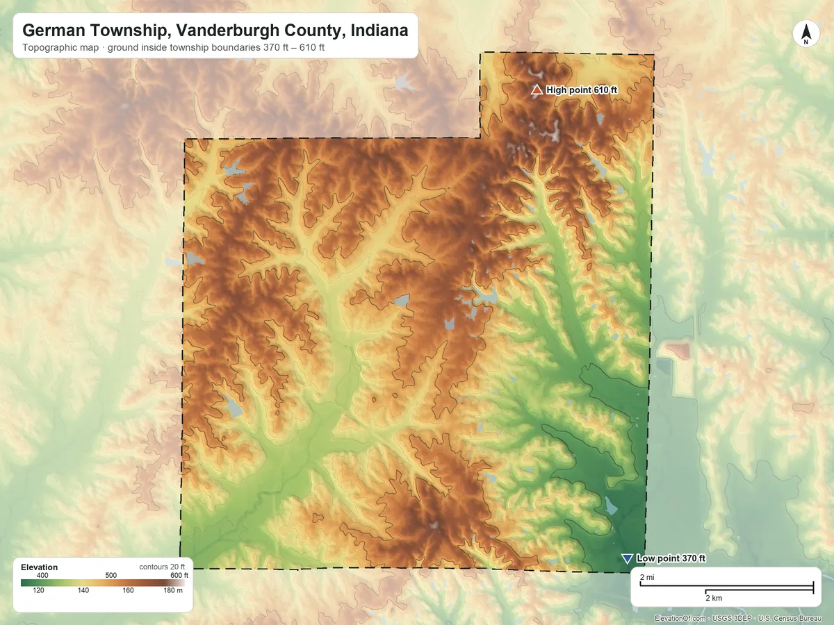 Topographic elevation map of German Township, Vanderburgh County, Indiana, shaded from 370 ft on the southeast side to 610 ft on the north side