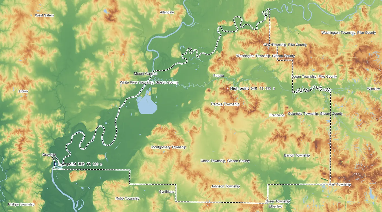 Topographic elevation map of Gibson County, Indiana, shaded from 360 ft on the southwest side to 640 ft on Bald Hill