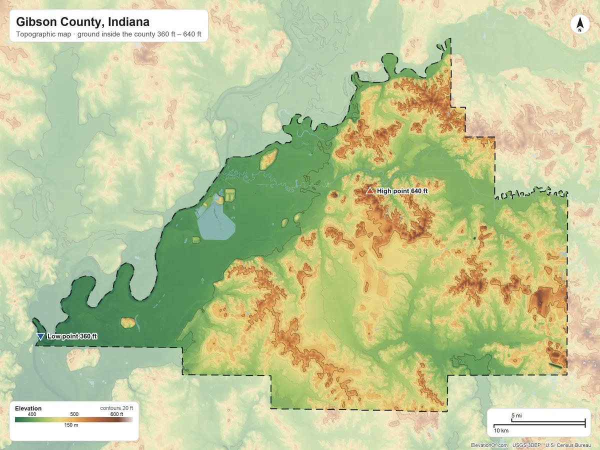 Topographic elevation map of Gibson County, Indiana, shaded from 360 ft on the southwest side to 640 ft on Bald Hill
