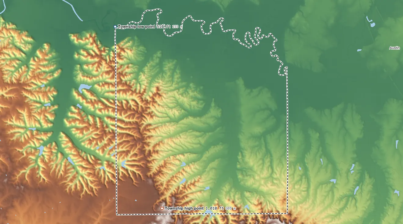 Topographic elevation map of Gibson Township, Indiana, shaded from 510 ft on the northwest side to 1,010 ft on the southwest side