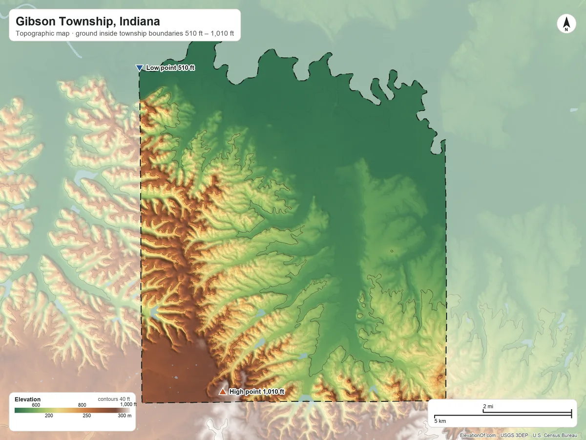 Topographic elevation map of Gibson Township, Indiana, shaded from 510 ft on the northwest side to 1,010 ft on the southwest side