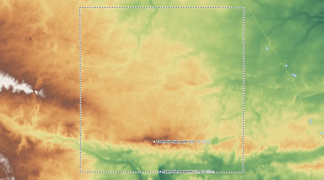 Topographic elevation map of Gilboa Township, Indiana, shaded from 710 ft on the south side to 810 ft on Mount Gilboa