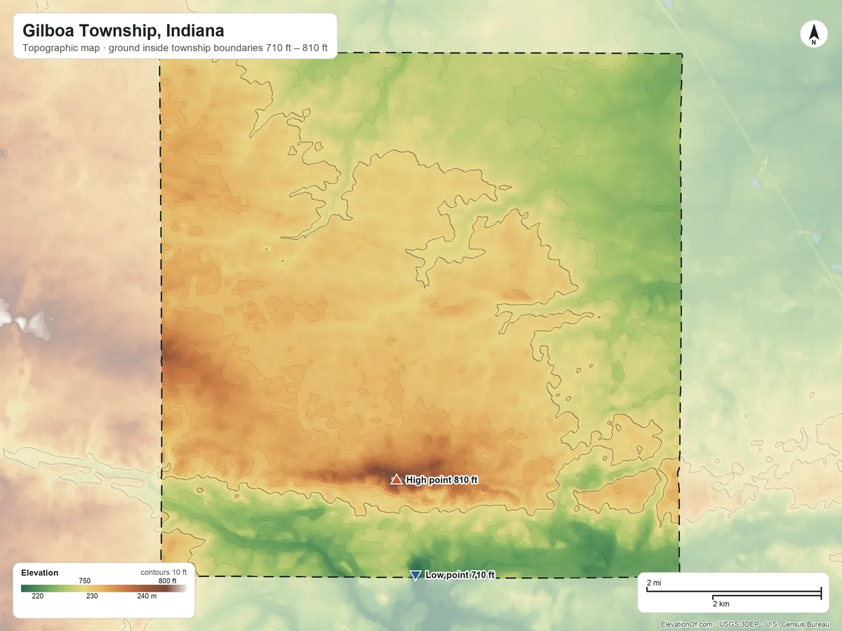 Topographic elevation map of Gilboa Township, Indiana, shaded from 710 ft on the south side to 810 ft on Mount Gilboa