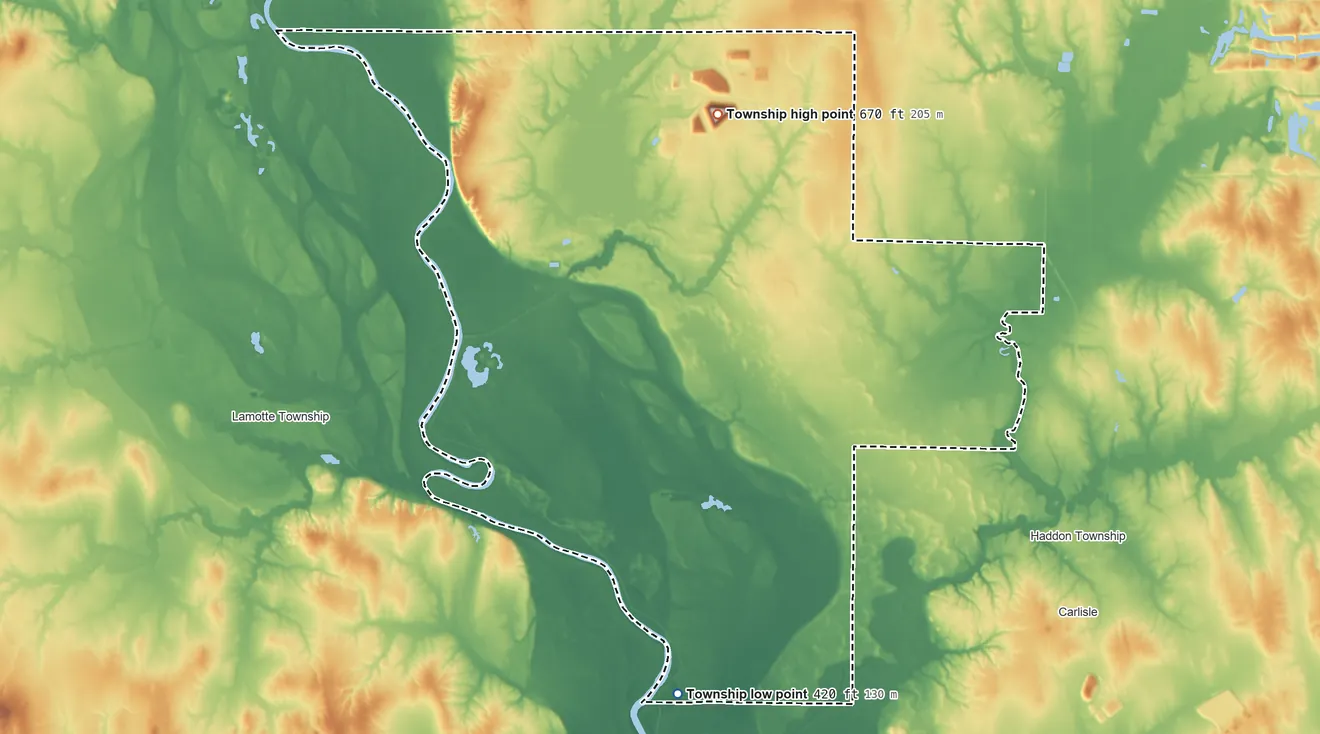 Topographic elevation map of Gill Township, Indiana, shaded from 420 ft on the south side to 670 ft on the north side