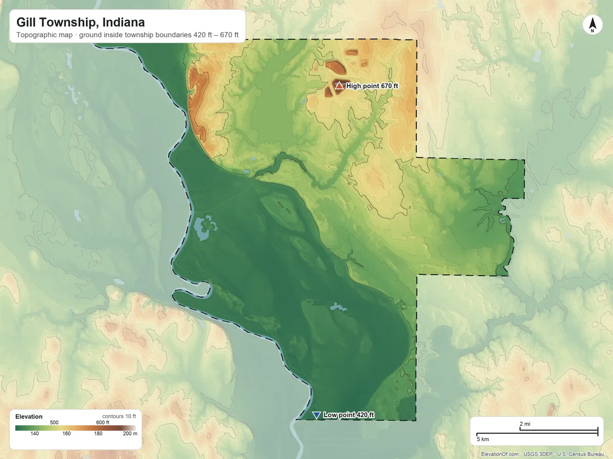 Topographic elevation map of Gill Township, Indiana, shaded from 420 ft on the south side to 670 ft on the north side