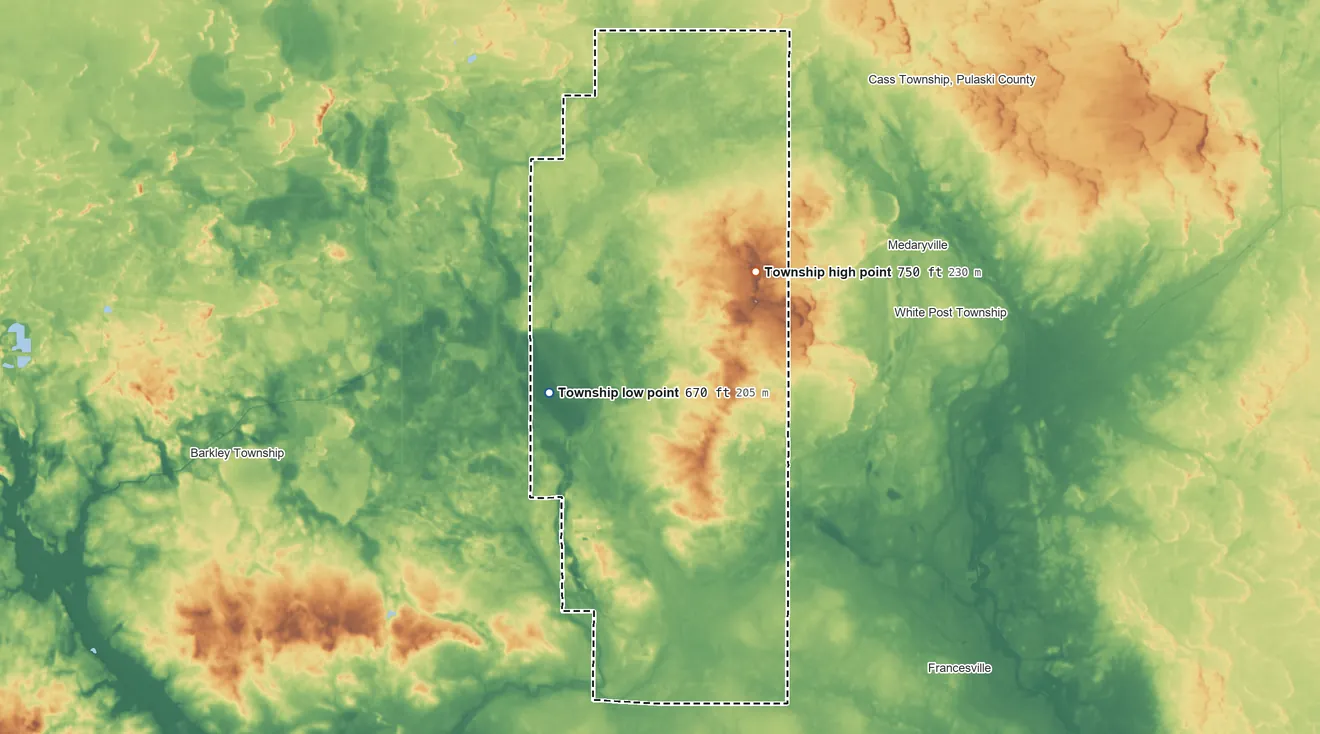 Topographic elevation map of Gillam Township, Indiana, shaded from 670 ft on the southwest side to 750 ft on the northeast side