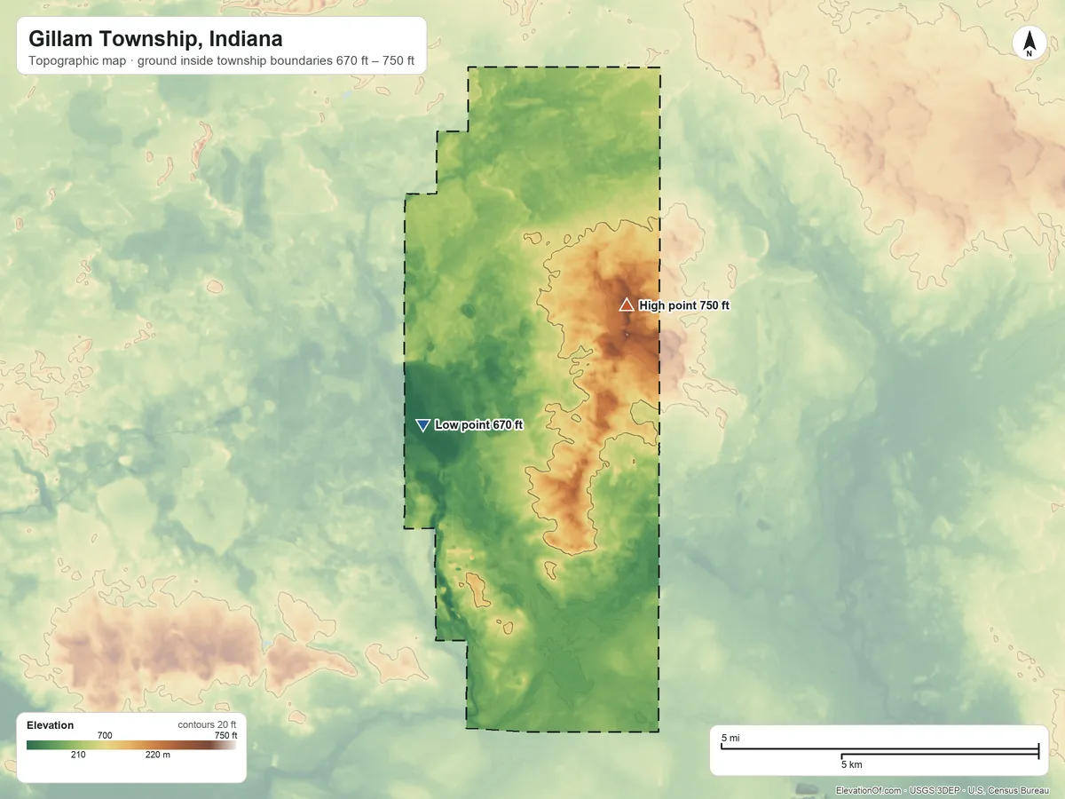 Topographic elevation map of Gillam Township, Indiana, shaded from 670 ft on the southwest side to 750 ft on the northeast side