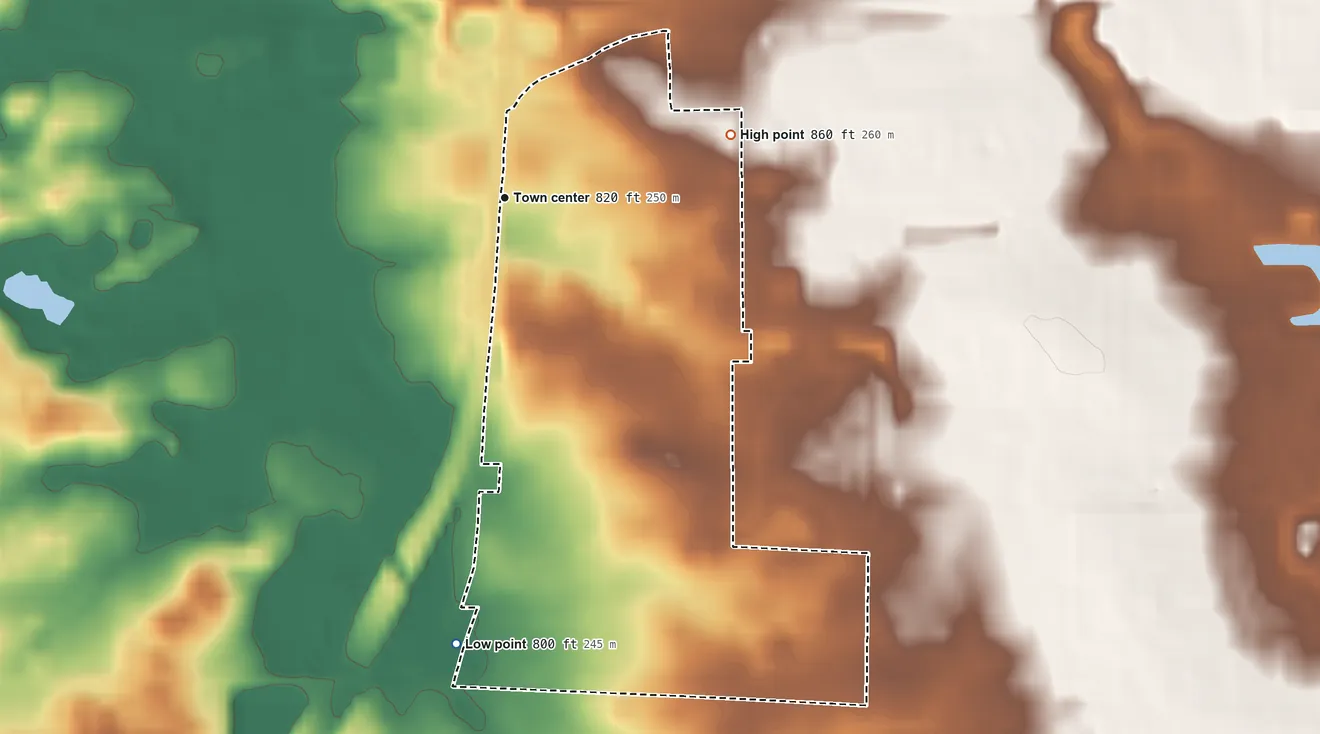 Topographic elevation map of Gilmer Park, Indiana, shaded from 800 ft on the south side to 860 ft on the east side