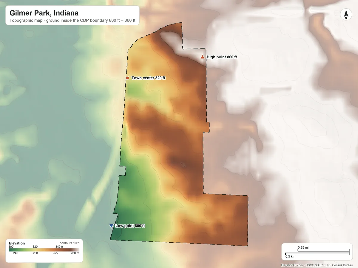 Topographic elevation map of Gilmer Park, Indiana, shaded from 800 ft on the south side to 860 ft on the east side
