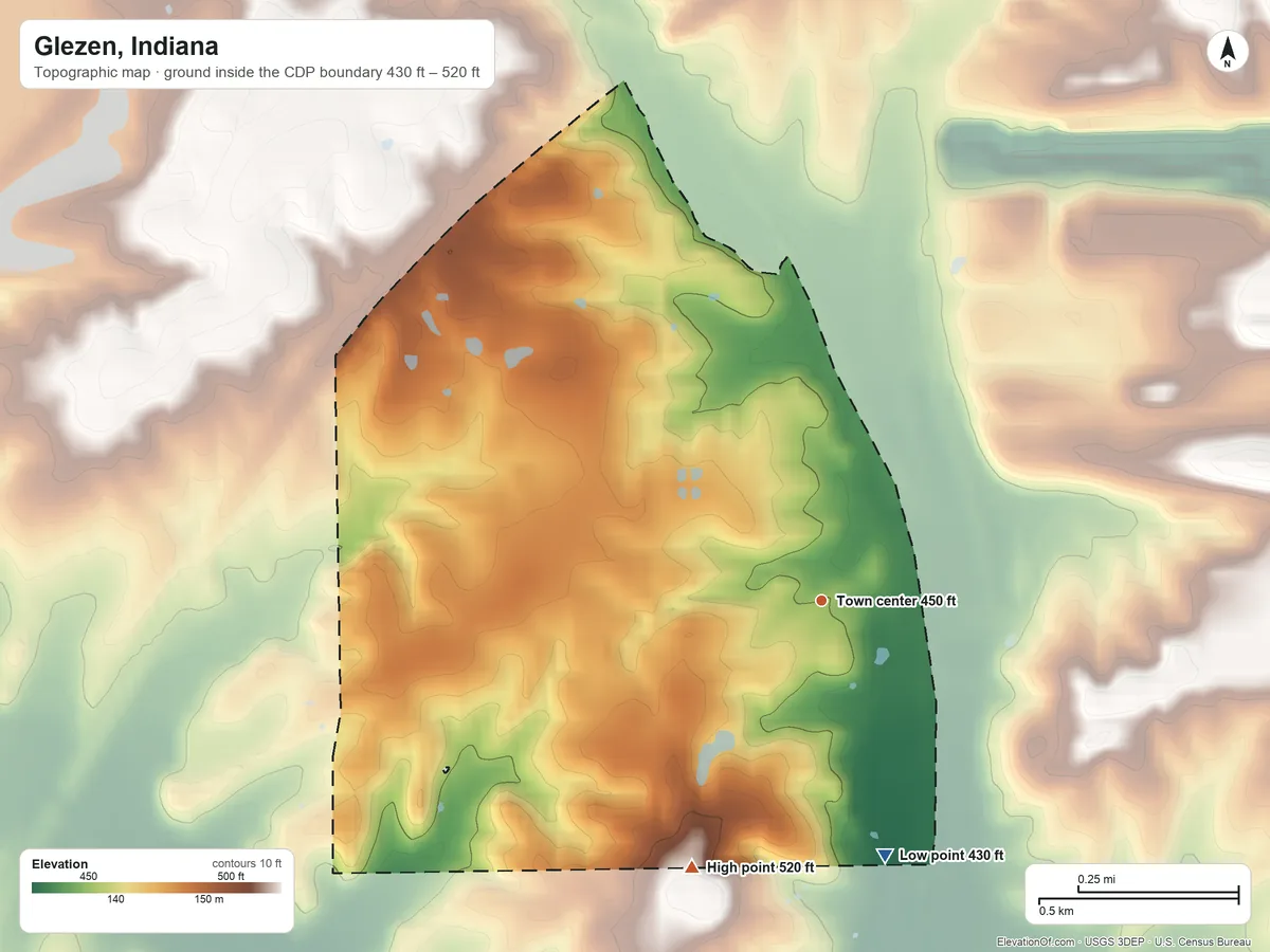 Topographic elevation map of Glezen, Indiana, shaded from 430 ft on the south side to 520 ft on the southwest side