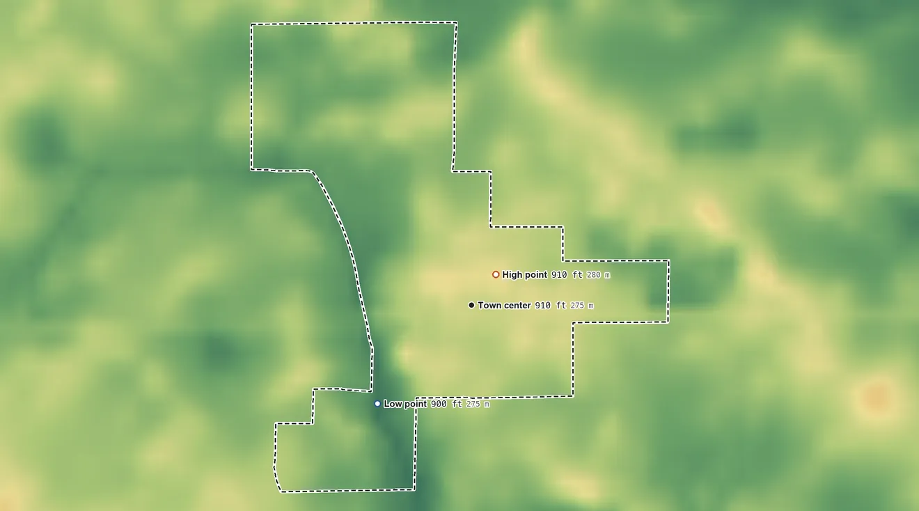 Topographic elevation map of Goldsmith, Indiana, shaded from 900 ft on the southwest side to 910 ft near the middle