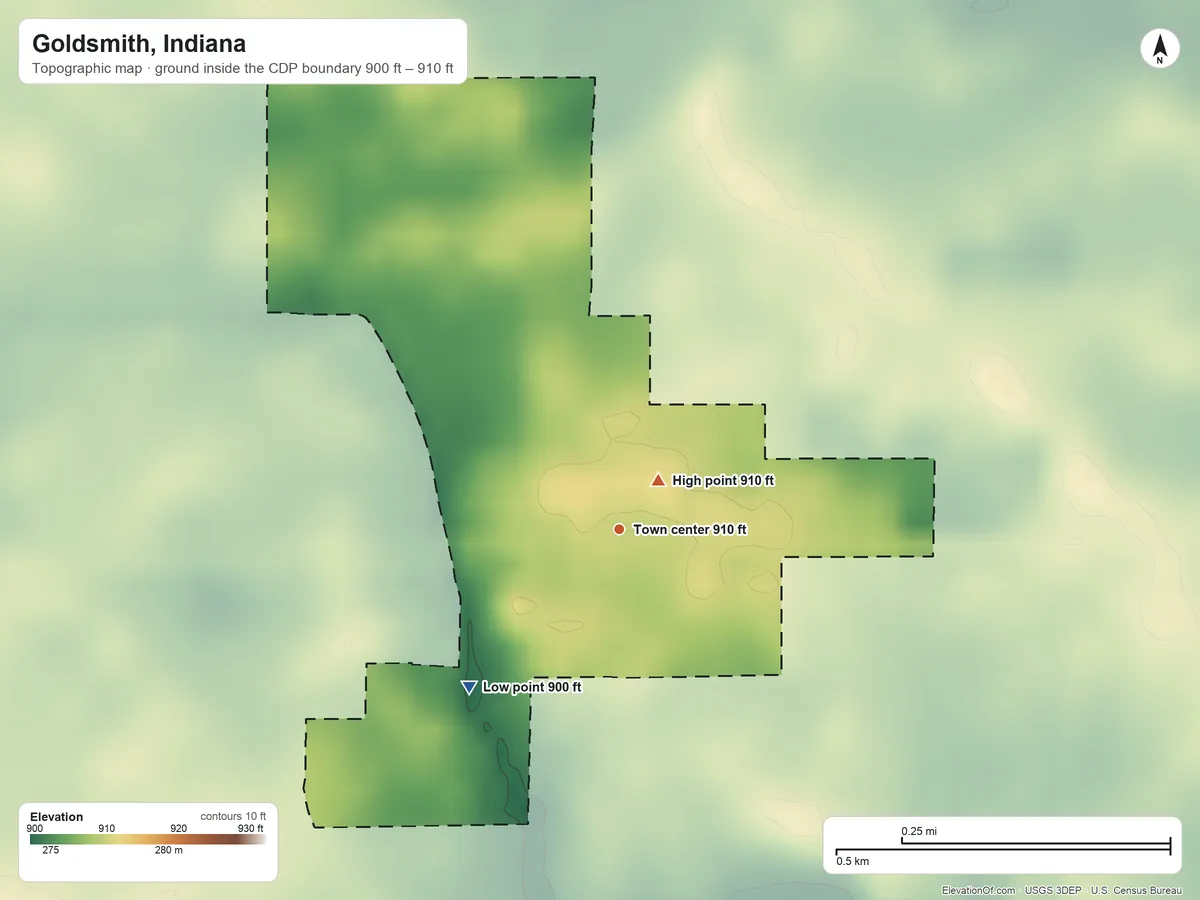 Topographic elevation map of Goldsmith, Indiana, shaded from 900 ft on the southwest side to 910 ft near the middle