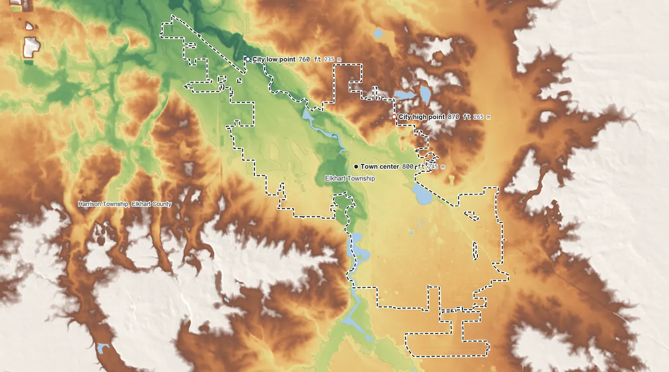 Topographic elevation map of Goshen, Indiana, shaded from 760 ft on the northwest side to 870 ft on the northeast side