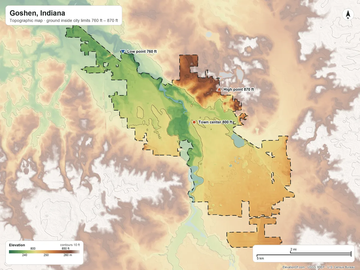 Topographic elevation map of Goshen, Indiana, shaded from 760 ft on the northwest side to 870 ft on the northeast side