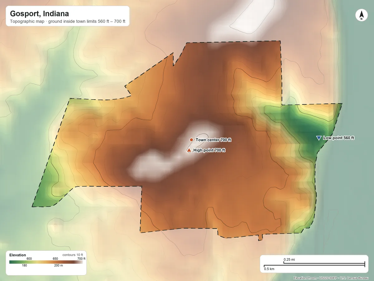 Topographic elevation map of Gosport, Indiana, shaded from 560 ft on the east side to 700 ft near the middle